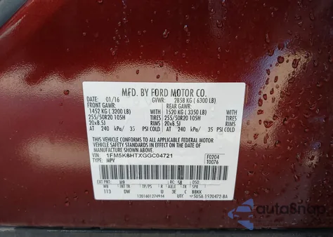 2016 Ford Explorer Platinum из США, поврежденный, VIN 1FM5K8HTXGGC04721